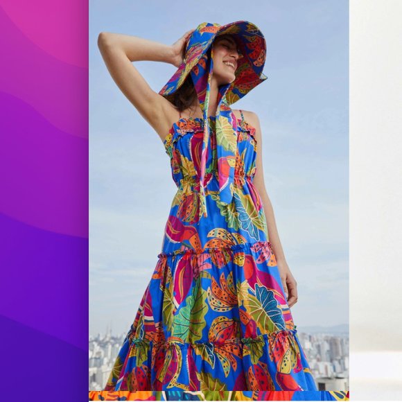 Farm Rio Blue Beaks & Bananas Tiered Midi Dress Size S - Picture 2 of 7